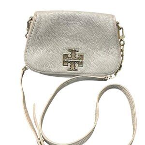 GUC TORY BURCH SIGNED BEIGE LEATHER CROSSBODY CHAIN STRAP X-OVER SMALL BAG PURSE